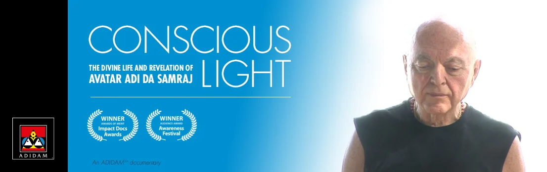 image of Adi Da Samraj with blue background and the title Conscious Light film screening - English